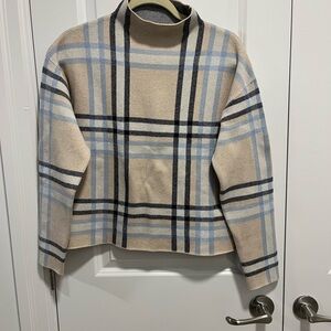 Tahari Beige and Blue Plaid high neck Sweater